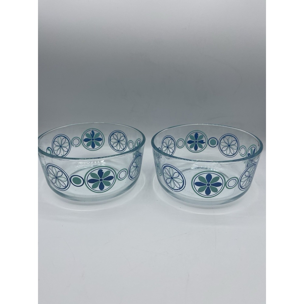 Vintage Clear Glass Pyrex Nesting Mixing Bowls, Blue Pinwheel Design, No Lids